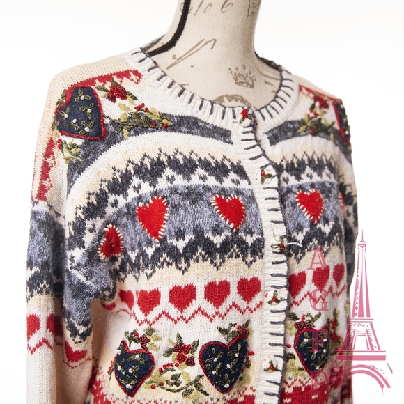 Heirloom Collectibles vintage hearts ugly Christmas chunky knit sweater cardigan - Picture 9 of 16